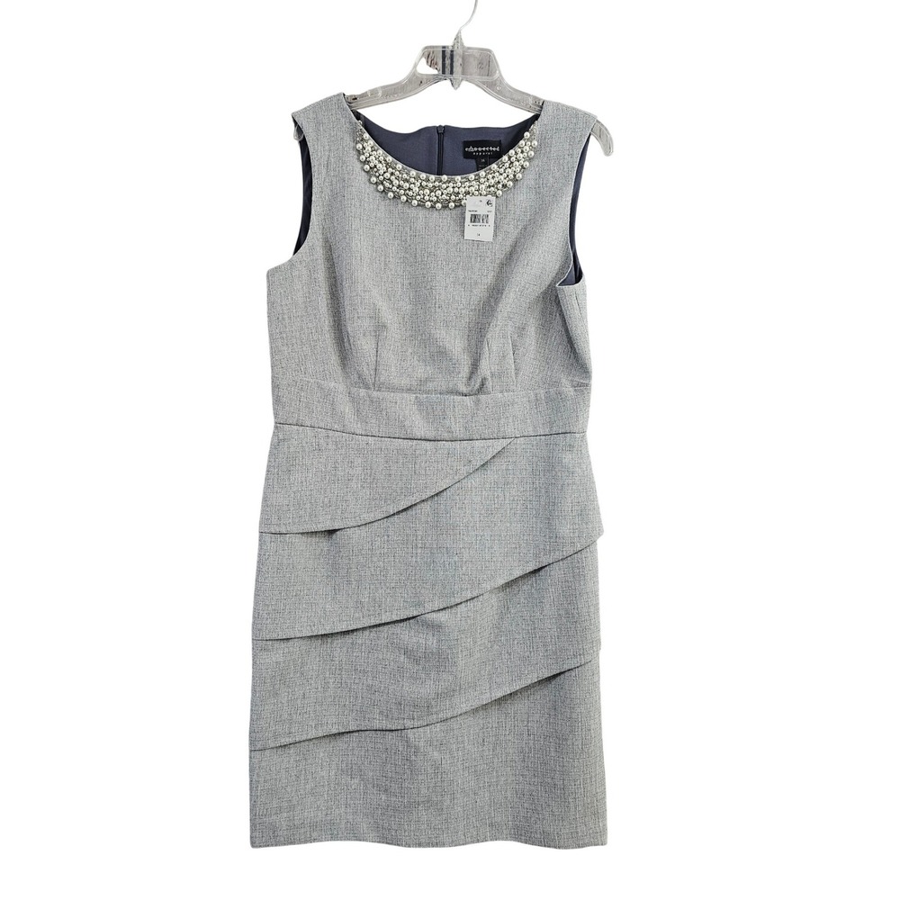 Connected Apparel Sheath Dress Women 14 Gray New Pearl Neck Tiered TD543822M NWT